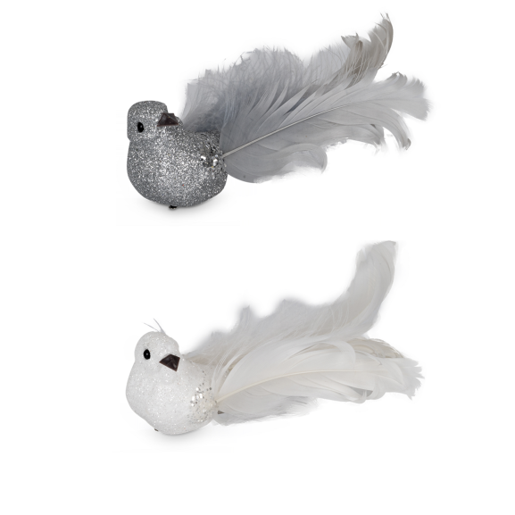 Hvide/Sølv Fugle 2 ass. L16.5 cm.